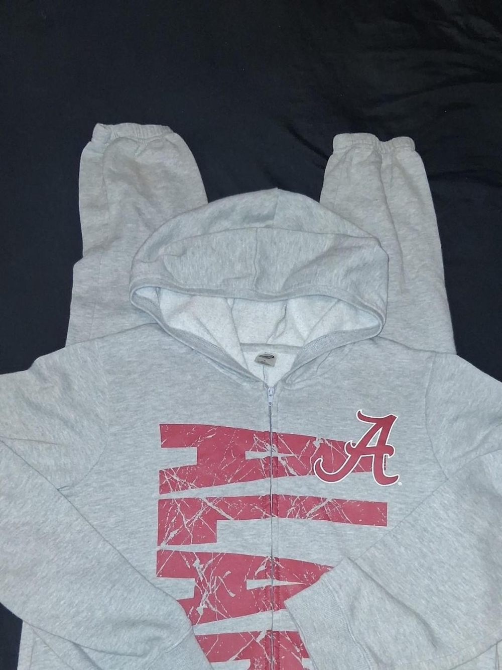 Light Gray Hooded Jumpsuit with Red Graphic Detail